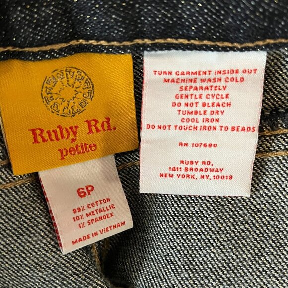 Ruby Rd Petite 6P Straight Leg Jeans Metallic Beaded Blue Denim - Picture 3 of 5